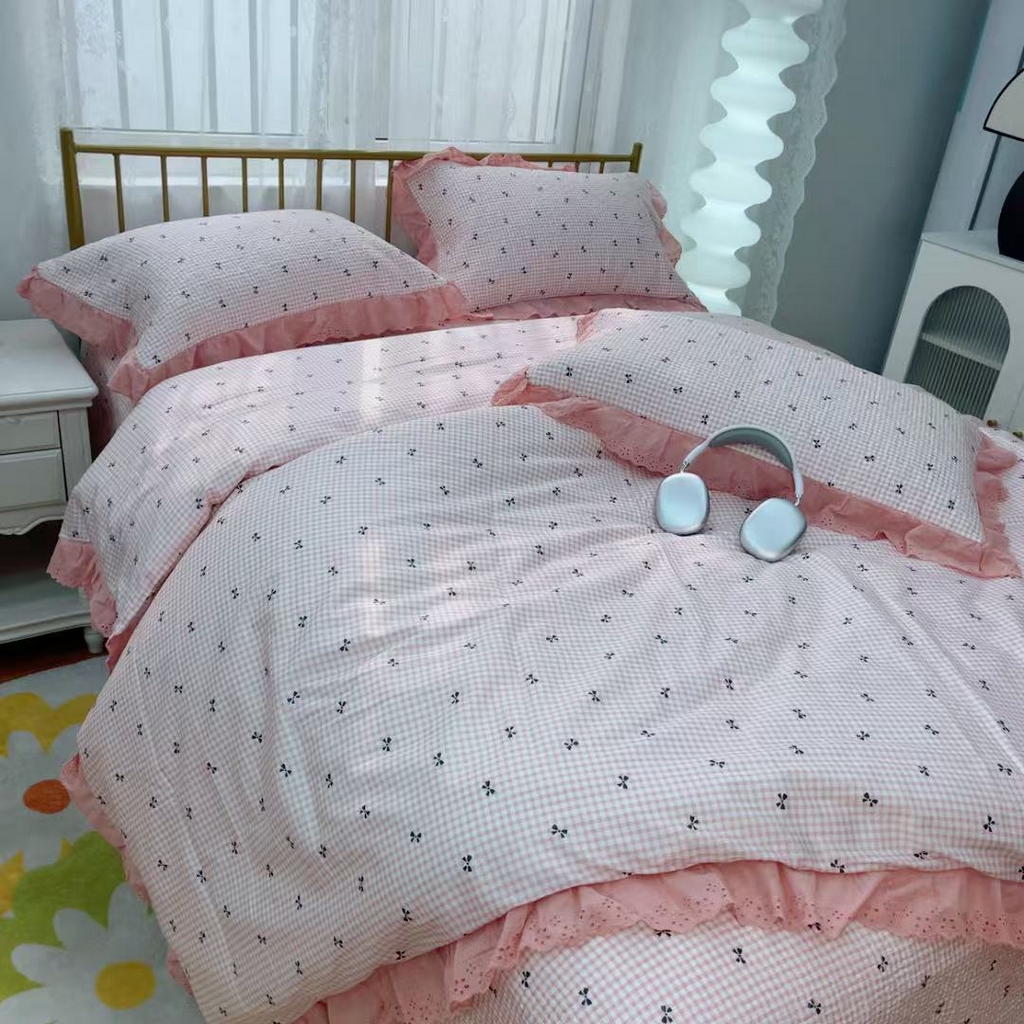 91家纺网 家纺一手货源 找家纺 暖居 2025春夏款高温砂洗棉花床盖三件套被套四件套同款纯棉夏被空调被四季 点点蝴蝶结