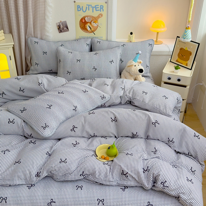 91家纺网 家纺一手货源 找家纺 赫梵茜 2025新款有氧针织双层纱单床盖床盖三件套床盖四件套 格子蝴蝶结