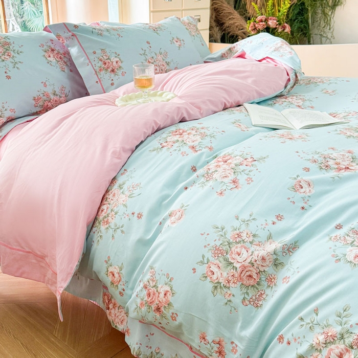 91家纺网 家纺一手货源 找家纺 7V 2025新款轻奢大宽边100%纯棉四件套133*76全棉喷气宽幅长绒棉被套床单床笠套件 花之茵