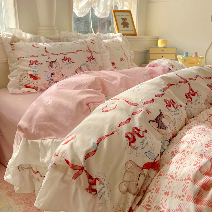 91家纺网 家纺一手货源 找家纺 浩诚 2025新款洛丽塔纯棉花边款四件套 苹果派