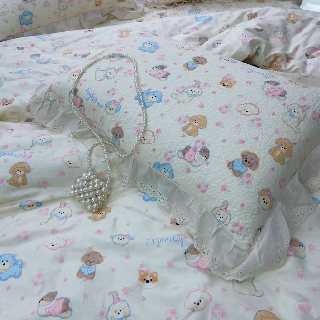 91家纺网 家纺一手货源 找家纺 暖居 2025春夏款高温砂洗棉花床盖三件套被套四件套同款纯棉夏被空调被四季 泡芙小奶狗