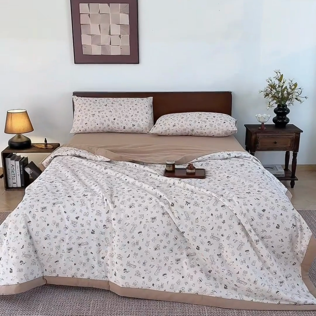91家纺网 家纺一手货源 找家纺 吾诺 2025 全棉印花单层纱大豆夏被四件套夏凉被空调被子被芯全棉夏被 淡雅