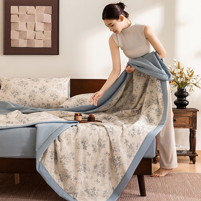 91家纺网 家纺一手货源 找家纺 吾诺 2025 全棉印花单层纱大豆夏被四件套夏凉被空调被子被芯全棉夏被 婉约