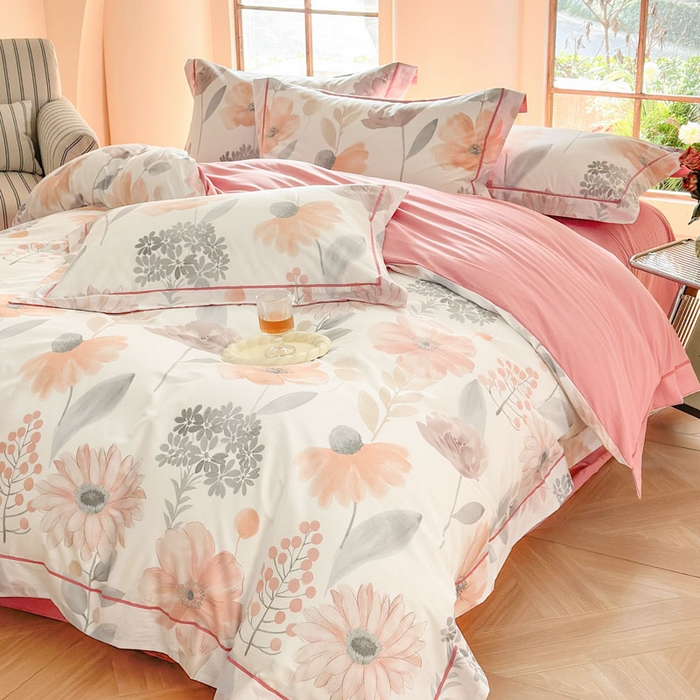 91家纺网 家纺一手货源 找家纺 7V 2025新款轻奢大宽边100%纯棉四件套133*76全棉喷气宽幅长绒棉被套床单床笠套件 春景-粉