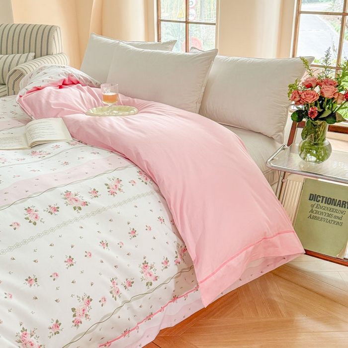 91家纺网 家纺一手货源 找家纺 7V 2025新款轻奢大宽边100%纯棉四件套133*76全棉喷气宽幅长绒棉被套床单床笠套件 沐遇玫瑰