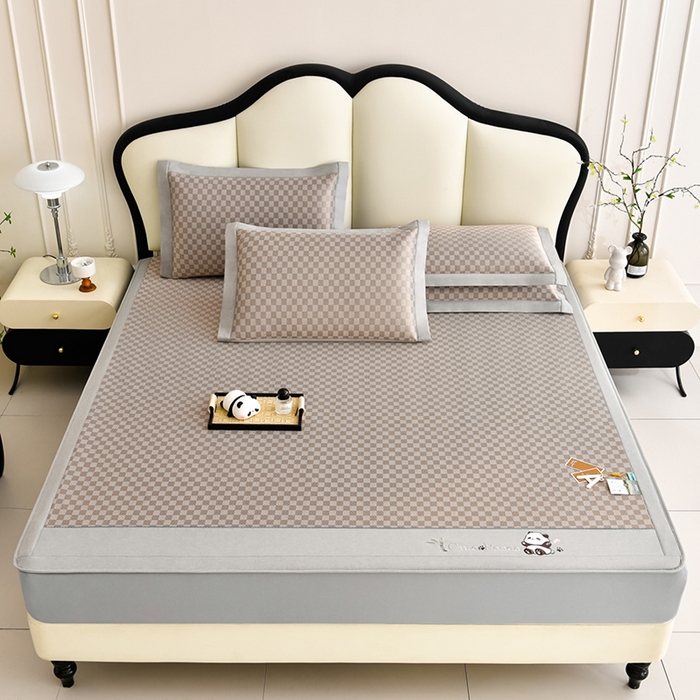 91家纺网 家纺一手货源 找家纺 小牛席业 2025新款棋盘格-熊猫凉感冰丝席系列（床笠款） 咖色