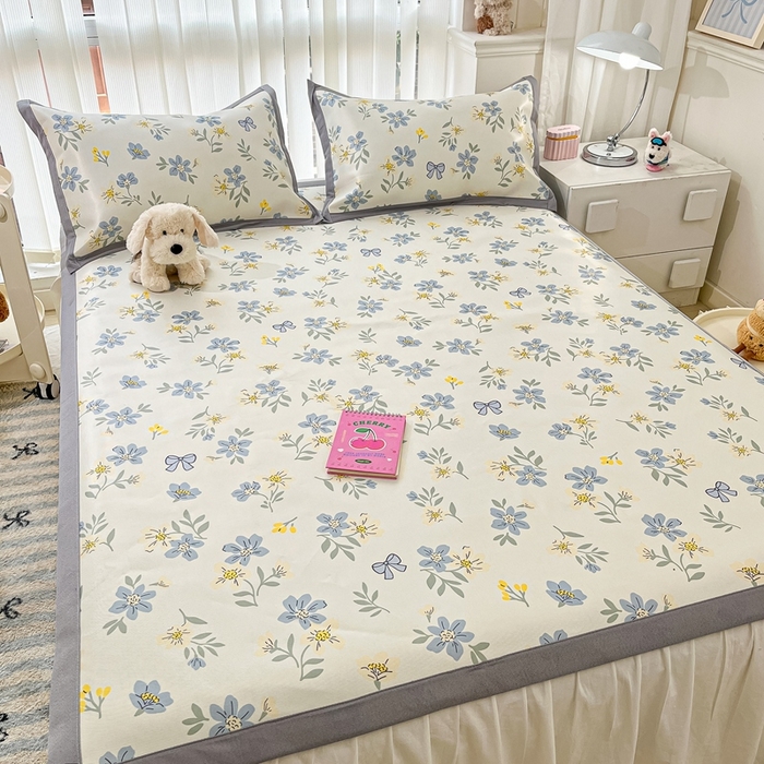 91家纺网 家纺一手货源 找家纺 川悦生活 2025新款600D立体宽边冰丝印花凉席 花月青啬