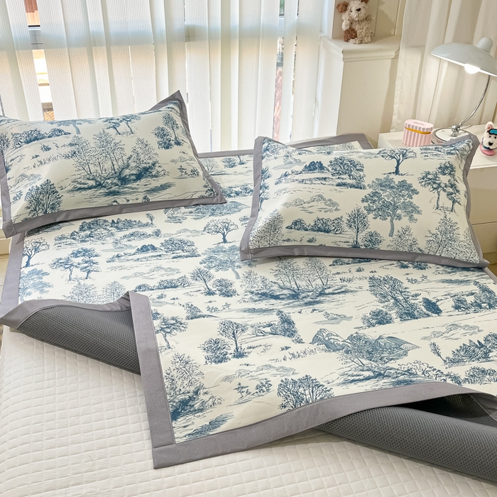 91家纺网 家纺一手货源 找家纺 川悦生活 2025新款600D立体宽边冰丝印花凉席 复古欧庭-蓝