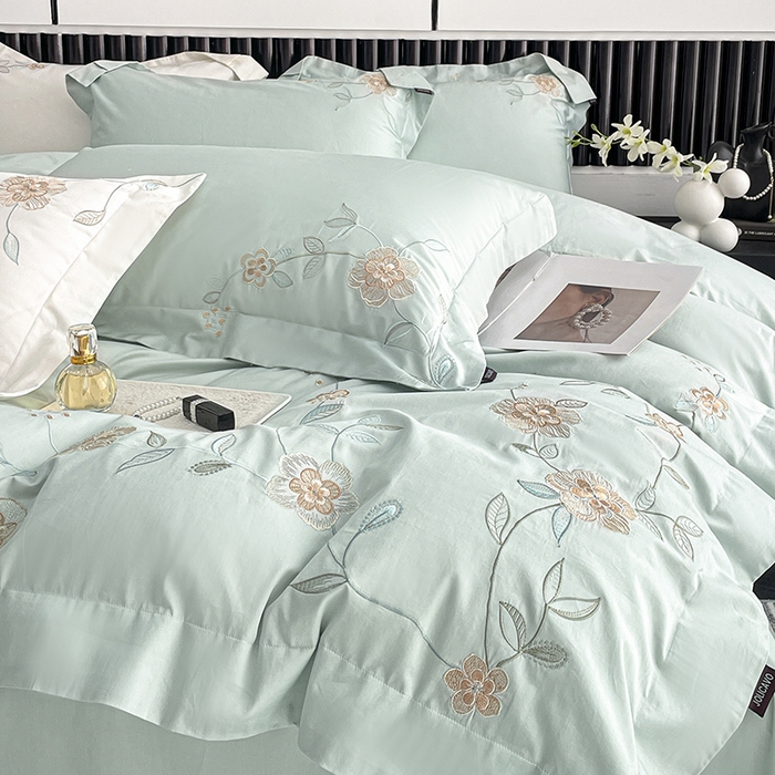 91家纺网 家纺一手货源 找家纺 2025新款春夏新款A类长绒棉全工艺刺绣四件套纯棉全棉轻奢风直播高端床上用品 蔓艺-茶绿