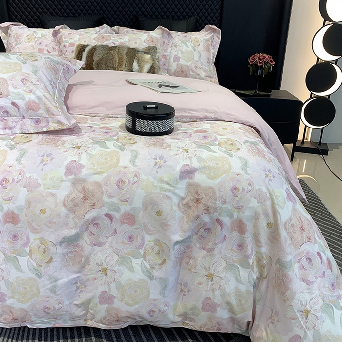 91家纺网 家纺一手货源 找家纺 莱豫家纺 2025新款50支长绒棉数码印花四件套 如梦花季