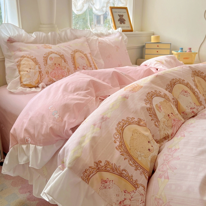 91家纺网 家纺一手货源 找家纺 浩诚 2025新款洛丽塔纯棉花边款四件套 芭蕾小熊-粉