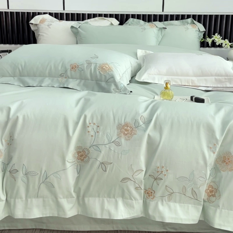 91家纺网 家纺一手货源 找家纺 2025新款春夏新款A类长绒棉全工艺刺绣四件套纯棉全棉轻奢风直播高端床上用品 蔓艺-茶绿