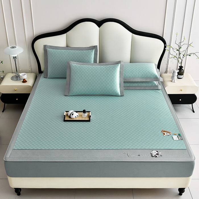 91家纺网 家纺一手货源 找家纺 小牛席业 2025新款棋盘格-熊猫凉感冰丝席系列（床笠款） 绿色