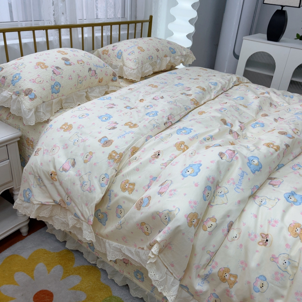 91家纺网 家纺一手货源 找家纺 暖居 2025春夏款高温砂洗棉花床盖三件套被套四件套同款纯棉夏被空调被四季 泡芙小奶狗