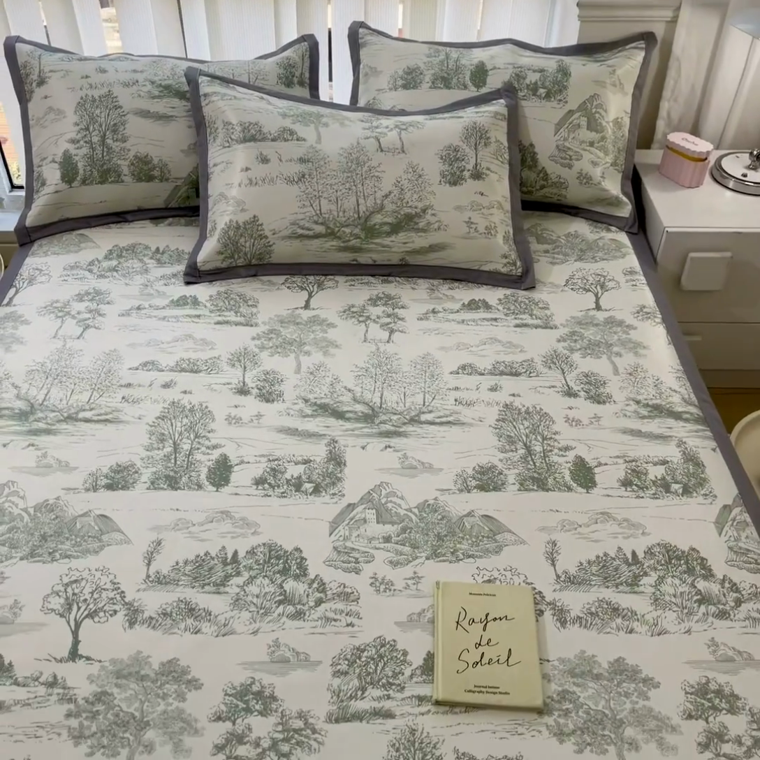 91家纺网 家纺一手货源 找家纺 川悦生活 2025新款600D立体宽边冰丝印花凉席 复古欧庭-绿