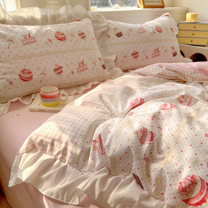 91家纺网 家纺一手货源 找家纺 浩诚 2025新款洛丽塔纯棉花边款四件套 甜点兔子