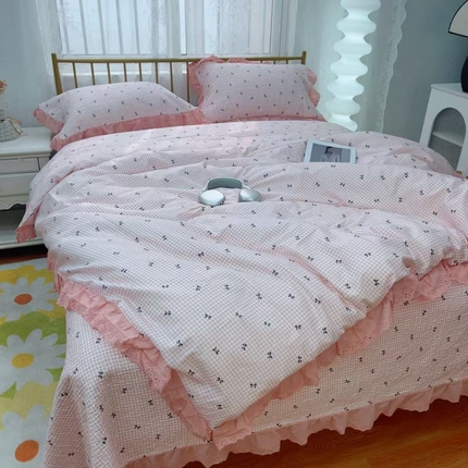 暖居 2025春夏款高温砂洗棉花床盖三件套被套四件套同款纯棉夏被空调被四季 点点蝴蝶结