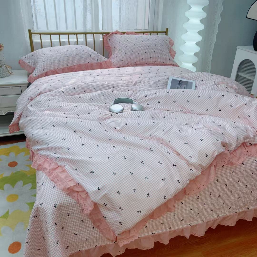 91家纺网 家纺一手货源 找家纺 暖居 2025春夏款高温砂洗棉花床盖三件套被套四件套同款纯棉夏被空调被四季 点点蝴蝶结