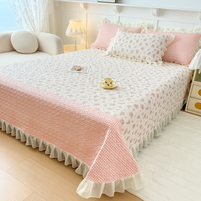 91家纺网 家纺一手货源 找家纺 晨晨家纺 2025新款皱皱纱棉拼色床盖四件套 繁花