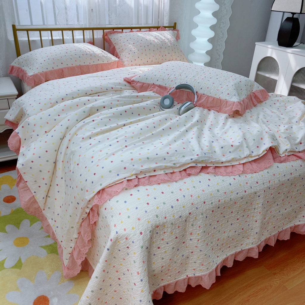 91家纺网 家纺一手货源 找家纺 暖居 2025春夏款高温砂洗棉花床盖三件套被套四件套同款纯棉夏被空调被四季 彩色波点