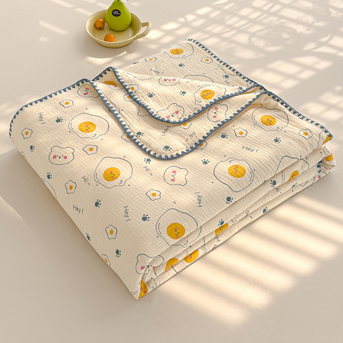 91家纺网 家纺一手货源 找家纺 芯恋 2025新款母婴级全棉皱皱纱儿童被双层纱夏被 荷包蛋