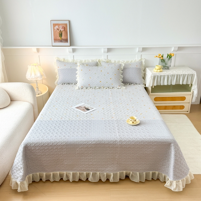 91家纺网 家纺一手货源 找家纺 晨晨家纺 2025新款皱皱纱棉拼色床盖四件套 南瓜派