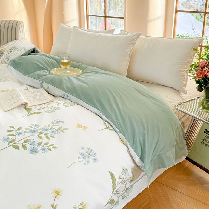 91家纺网 家纺一手货源 找家纺 7V 2025新款轻奢大宽边100%纯棉四件套133*76全棉喷气宽幅长绒棉被套床单床笠套件 浣溪花-米