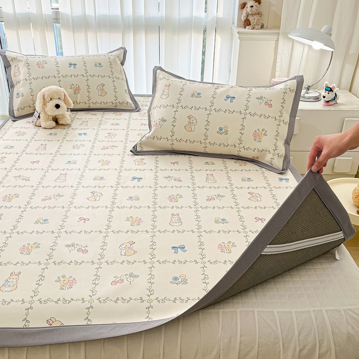 91家纺网 家纺一手货源 找家纺 川悦生活 2025新款600D立体宽边冰丝印花凉席 格调小兔