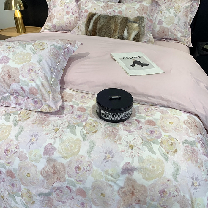 91家纺网 家纺一手货源 找家纺 莱豫家纺 2025新款50支长绒棉数码印花四件套 如梦花季