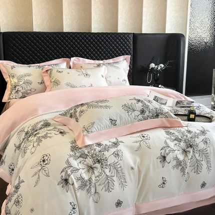 91家纺网 家纺一手货源 找家纺 首尔2025新款宽边数码冰丝四件套 花团锦簇粉