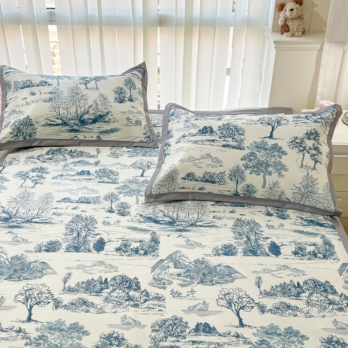 91家纺网 家纺一手货源 找家纺 川悦生活 2025新款600D立体宽边冰丝印花凉席 复古欧庭-蓝