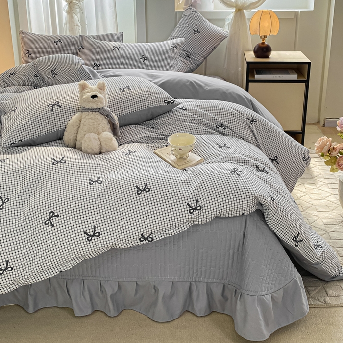 91家纺网 家纺一手货源 找家纺 一比一家纺 2025新款针织双层纱床盖四件套 格韵