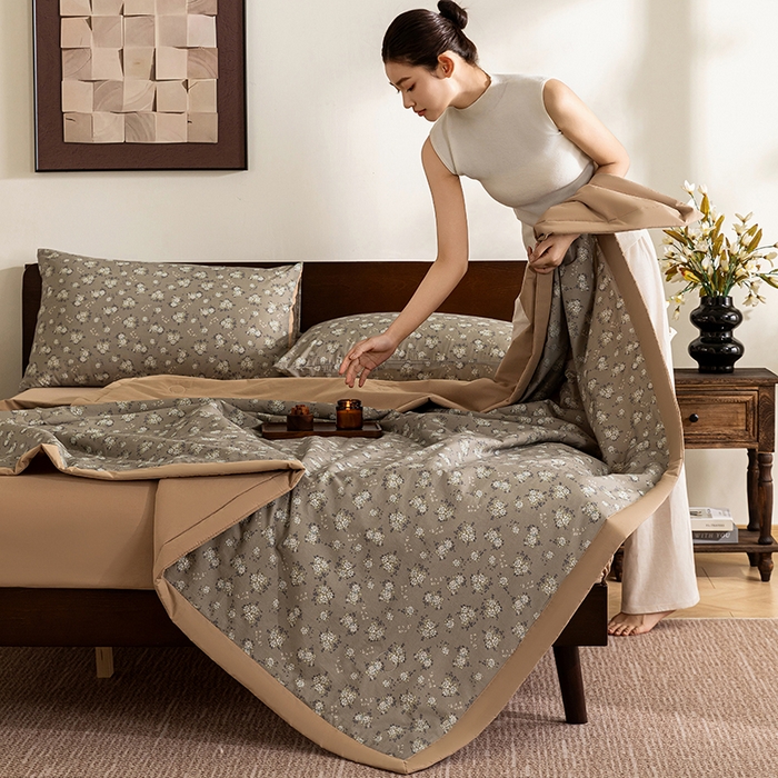 91家纺网 家纺一手货源 找家纺 吾诺 2025 全棉印花单层纱大豆夏被四件套夏凉被空调被子被芯全棉夏被 秘境花园