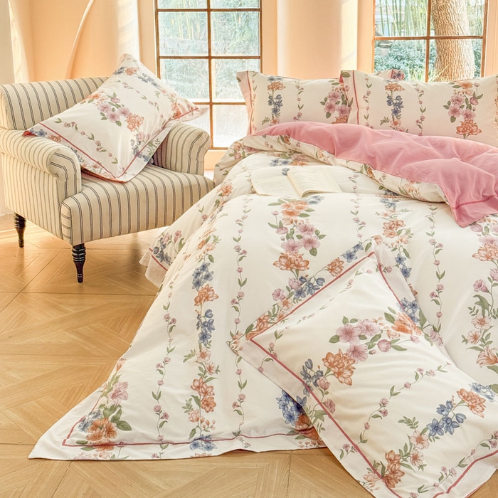 91家纺网 家纺一手货源 找家纺 7V 2025新款轻奢大宽边100%纯棉四件套133*76全棉喷气宽幅长绒棉被套床单床笠套件 眷恋