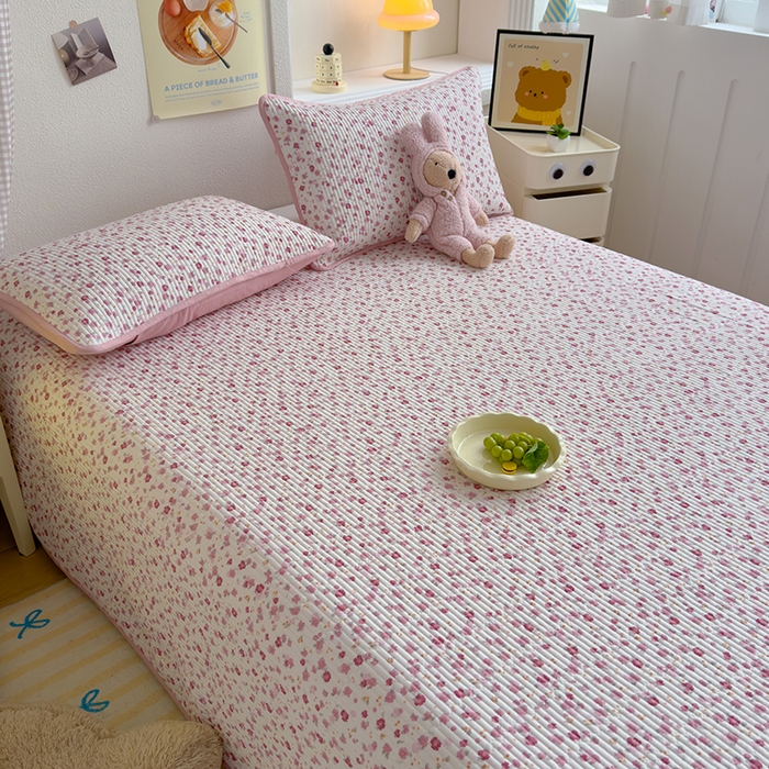 91家纺网 家纺一手货源 找家纺 赫梵茜 2025新款有氧针织双层纱单床盖床盖三件套床盖四件套 花语-粉