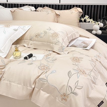 2025新款春夏新款A类长绒棉全工艺刺绣四件套纯棉全棉轻奢风直播高端床上用品 蔓艺-奶杏