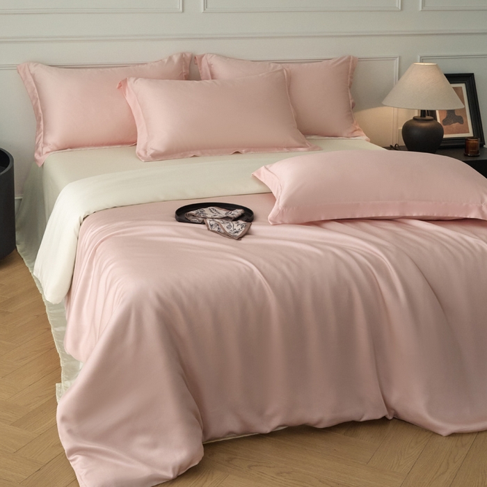 91家纺网 家纺一手货源 找家纺 涵宸2025新款天丝-天丝棉-纯色四件套-场景1 玫瑰粉+象牙白