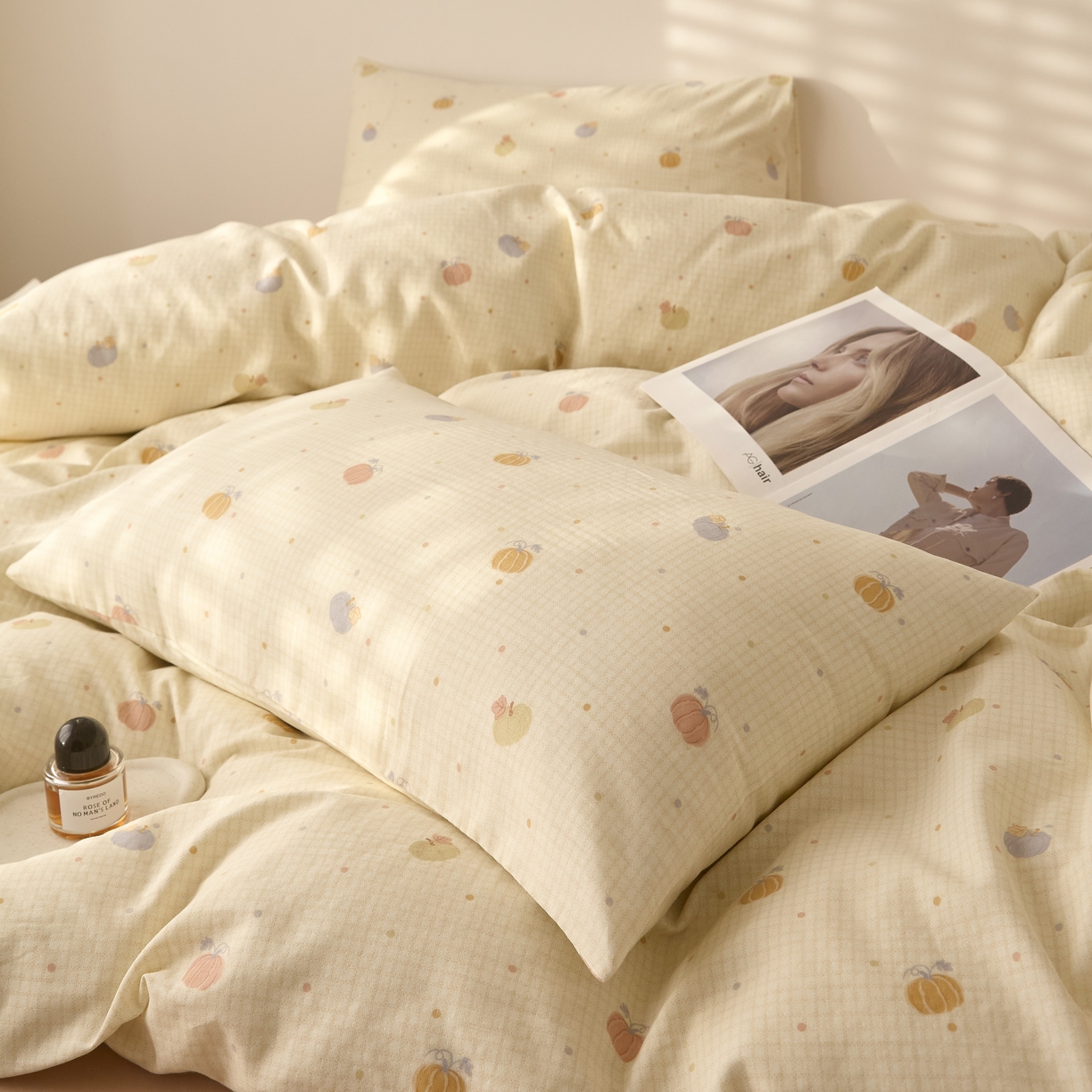 91家纺网 家纺一手货源 找家纺 嘉汀兰家居 2025新款圆角花边款全棉纯棉A类母婴级有氧全棉双层纱亲肤全棉小清新印花四件套 南瓜