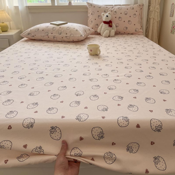 91家纺网 家纺一手货源 找家纺 新印象2025新款直角纯棉老粗布套件 床笠款 老粗布-草莓粉