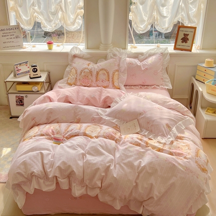 浩诚 2025新款洛丽塔纯棉花边款四件套 芭蕾小熊-粉