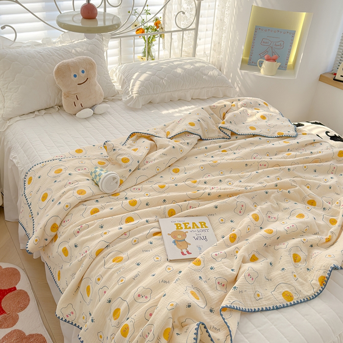 91家纺网 家纺一手货源 找家纺 芯恋 2025新款母婴级全棉皱皱纱儿童被双层纱夏被 荷包蛋