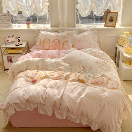 浩诚 2025新款洛丽塔纯棉花边款四件套 芭蕾小熊-米