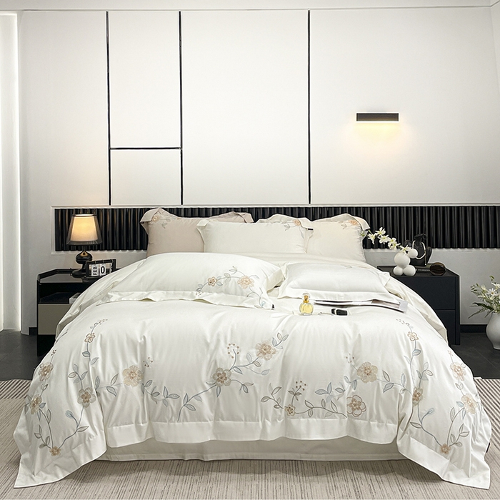 91家纺网 家纺一手货源 找家纺 2025新款春夏新款A类长绒棉全工艺刺绣四件套纯棉全棉轻奢风直播高端床上用品 蔓艺-月光白