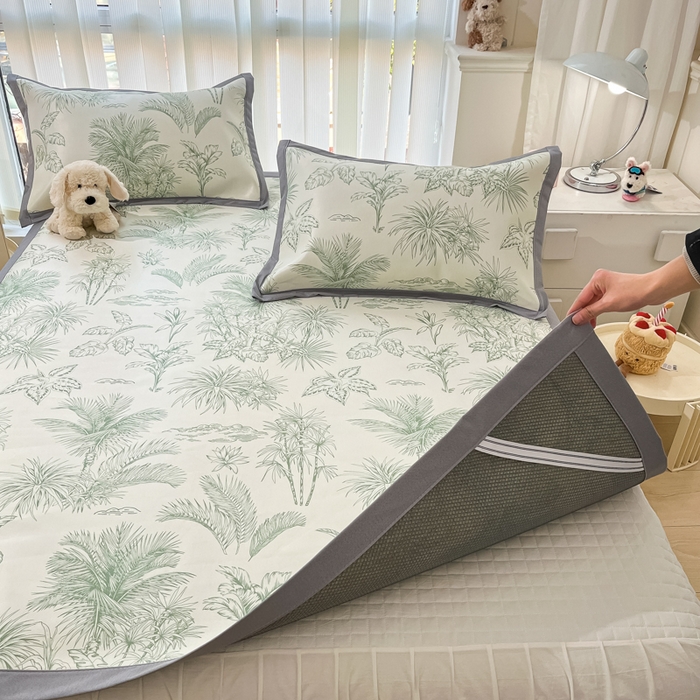 91家纺网 家纺一手货源 找家纺 川悦生活 2025新款600D立体宽边冰丝印花凉席 森林丛野-绿