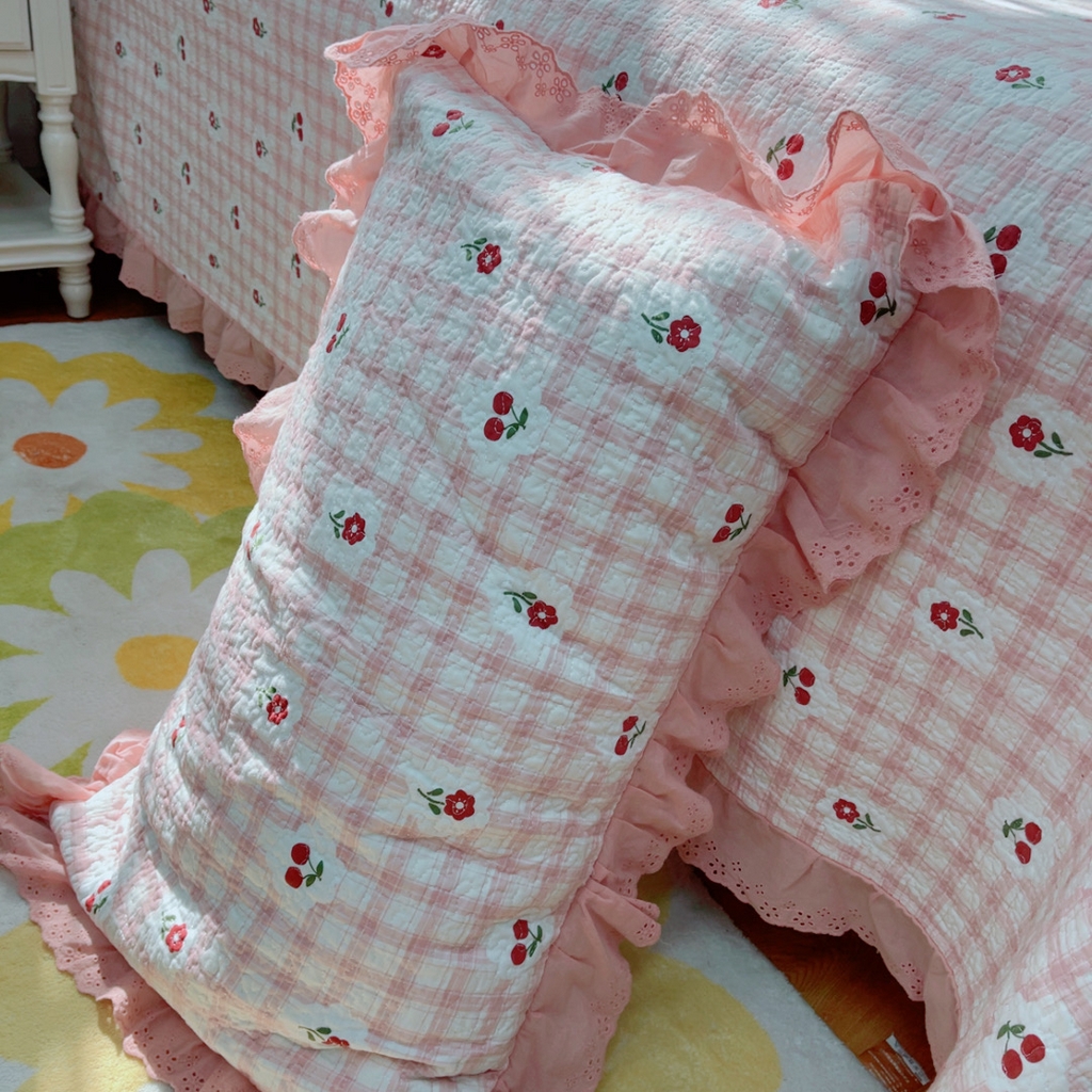 91家纺网 家纺一手货源 找家纺 暖居 2025春夏款高温砂洗棉花床盖三件套被套四件套同款纯棉夏被空调被四季 樱桃格子粉