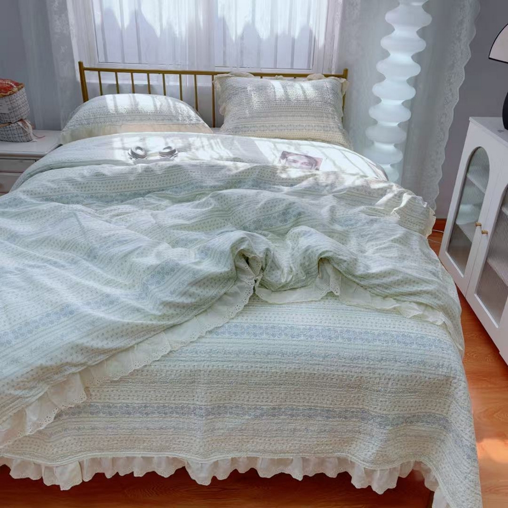 91家纺网 家纺一手货源 找家纺 暖居 2025春夏款高温砂洗棉花床盖三件套被套四件套同款纯棉夏被空调被四季 蓝颜