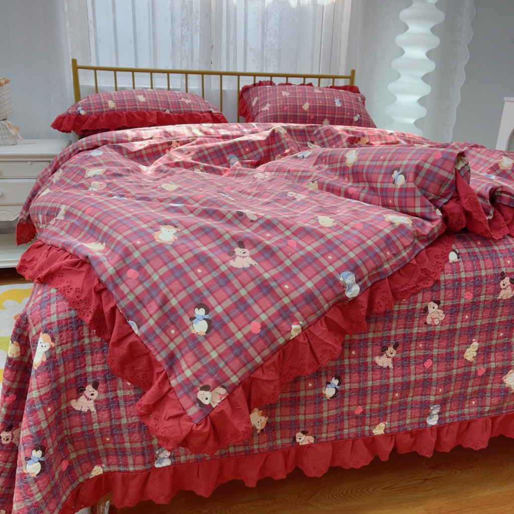 91家纺网 家纺一手货源 找家纺 暖居 2025春夏款高温砂洗棉花床盖三件套被套四件套同款纯棉夏被空调被四季 新年红