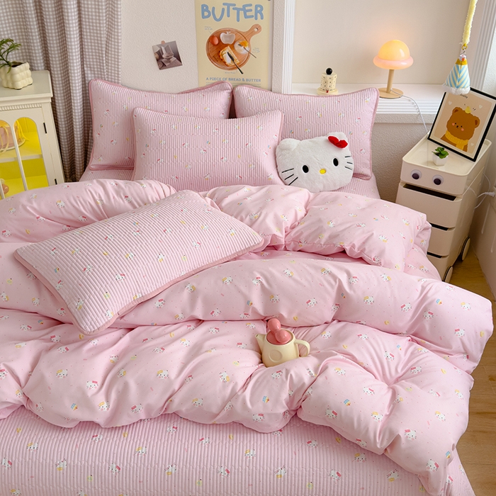 91家纺网 家纺一手货源 找家纺 赫梵茜 2025新款有氧针织双层纱单床盖床盖三件套床盖四件套 kT猫