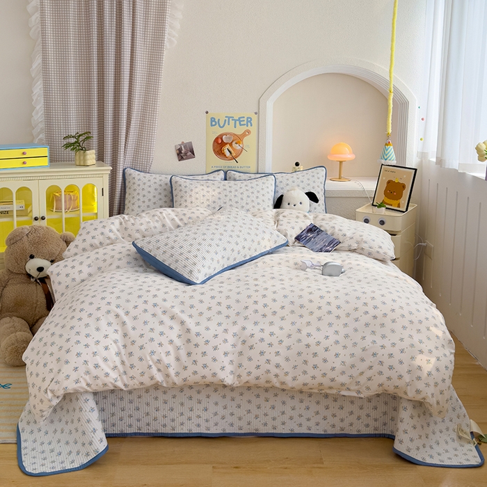 91家纺网 家纺一手货源 找家纺 赫梵茜 2025新款有氧针织双层纱单床盖床盖三件套床盖四件套 沐兰花开