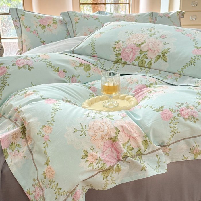 91家纺网 家纺一手货源 找家纺 7V 2025新款轻奢大宽边100%纯棉四件套133*76全棉喷气宽幅长绒棉被套床单床笠套件 曼妙